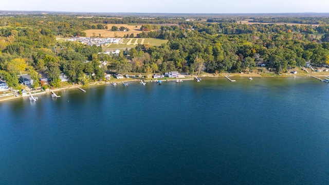 bird's eye view with a water view and a wooded view