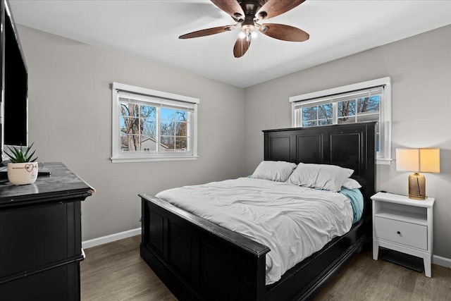 bedroom featuring multiple windows, baseboards, and wood finished floors