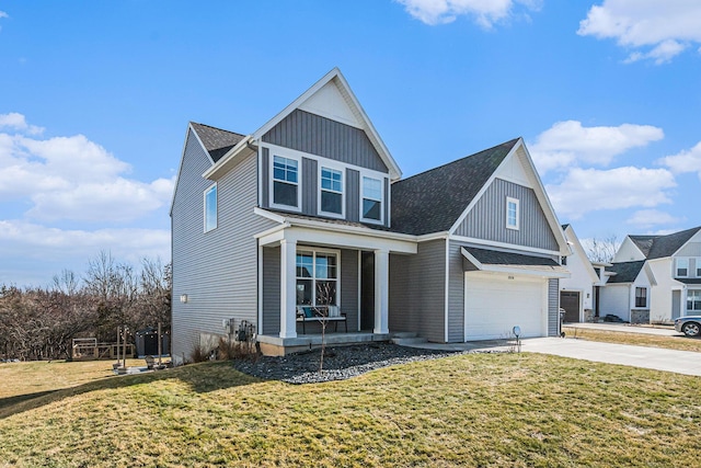 view of front facade featuring covered porch, an attached garage, driveway, and a front lawn