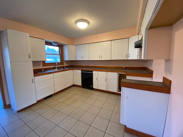 kitchen with under cabinet range hood, white cabinetry, dark countertops, and a sink