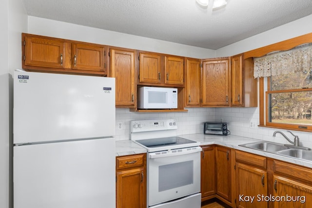 kitchen with a sink, white appliances, brown cabinets, and light countertops