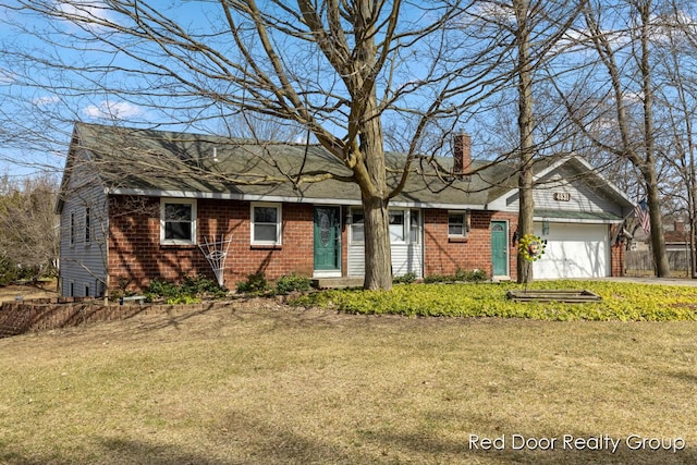 single story home featuring a garage, brick siding, a chimney, and a front yard