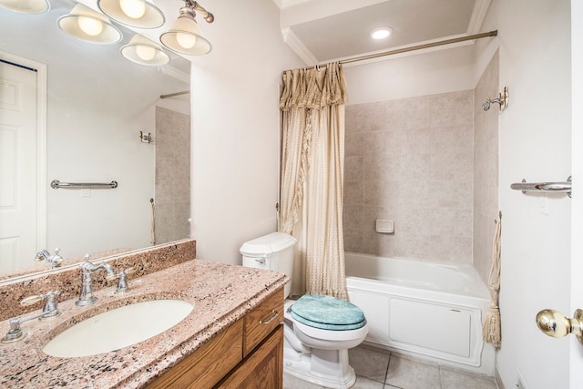 full bath featuring tile patterned floors, toilet, vanity, and shower / bathtub combination with curtain