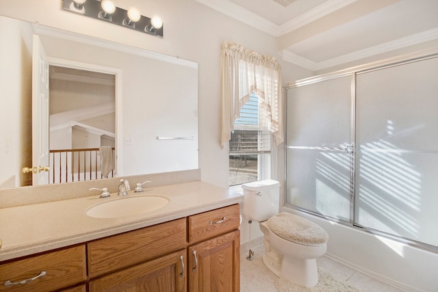 full bath featuring tile patterned floors, toilet, crown molding, enclosed tub / shower combo, and vanity