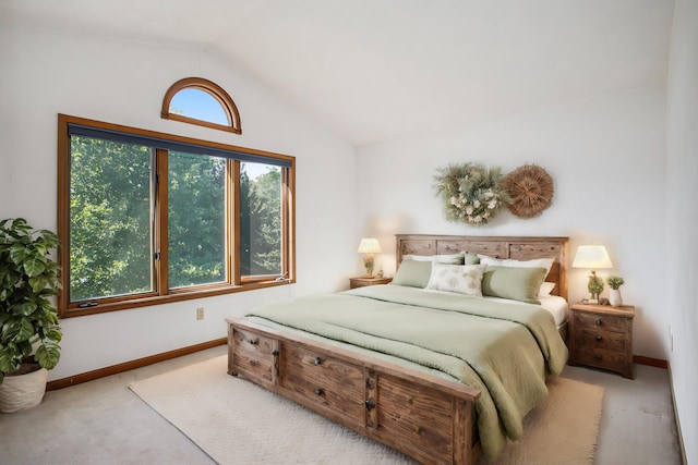 bedroom featuring carpet flooring, vaulted ceiling, multiple windows, and baseboards