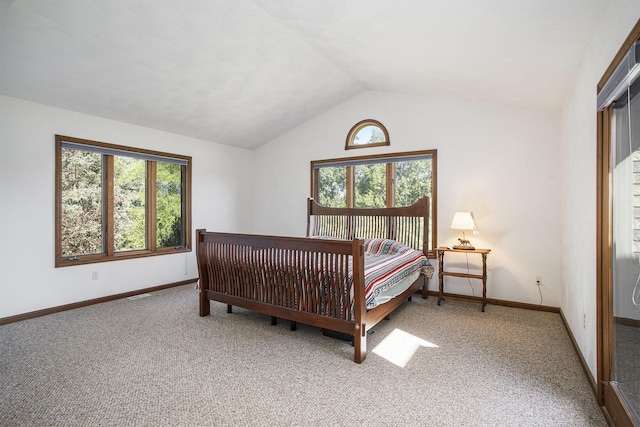 carpeted bedroom featuring baseboards and lofted ceiling