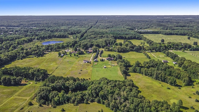 drone / aerial view featuring a forest view and a water view