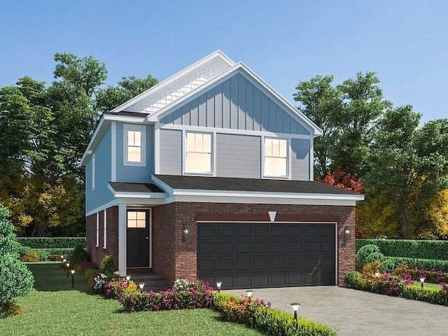 view of front facade featuring driveway, a front lawn, board and batten siding, an attached garage, and brick siding