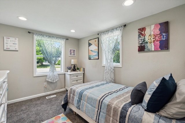 bedroom with recessed lighting, carpet flooring, baseboards, and visible vents