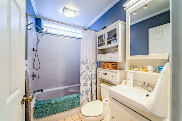 bathroom featuring vanity, toilet, crown molding, and shower / bath combo