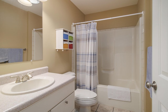 bathroom featuring tile patterned flooring, shower / tub combo with curtain, toilet, and vanity