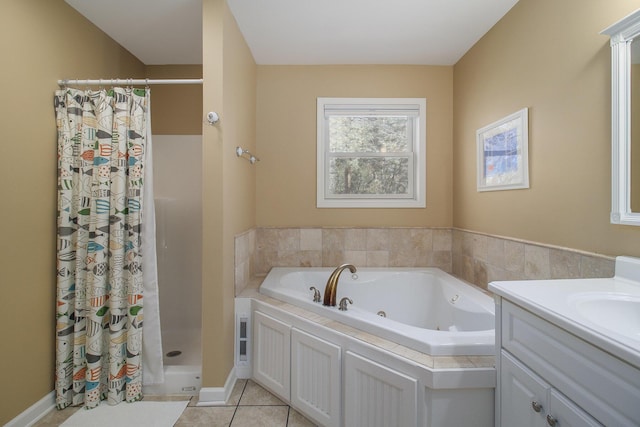 full bath featuring tile patterned floors, a shower stall, a jetted tub, and vanity