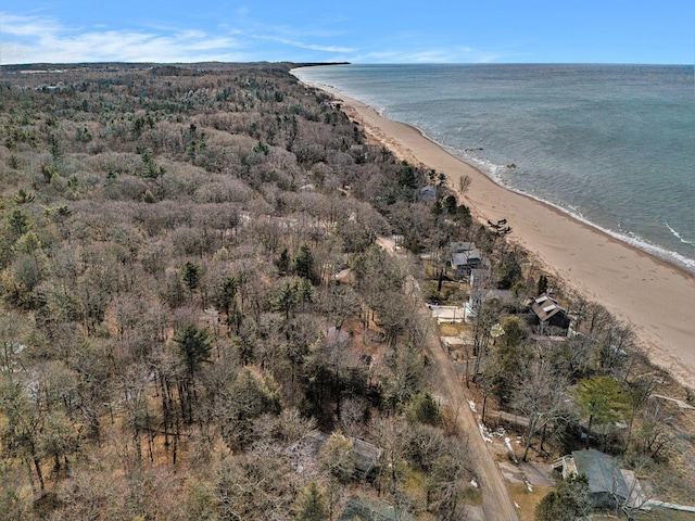 drone / aerial view featuring a water view and a view of the beach