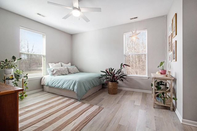 bedroom with visible vents, baseboards, ceiling fan, and light wood finished floors