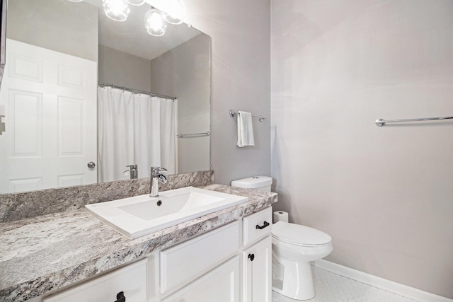 bathroom featuring vanity, baseboards, tile patterned flooring, curtained shower, and toilet