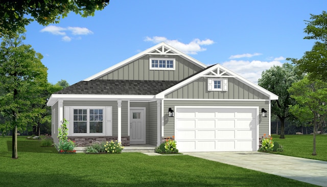 craftsman inspired home with board and batten siding, a shingled roof, a front yard, driveway, and an attached garage