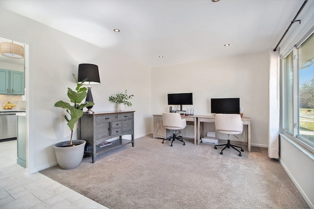 office space featuring recessed lighting, baseboards, and carpet flooring