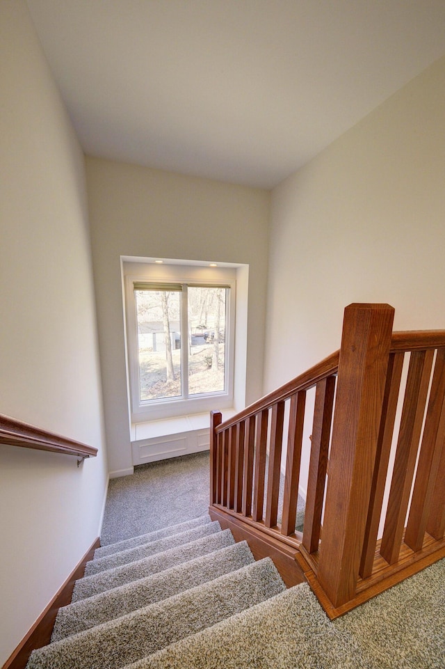 staircase featuring baseboards and carpet