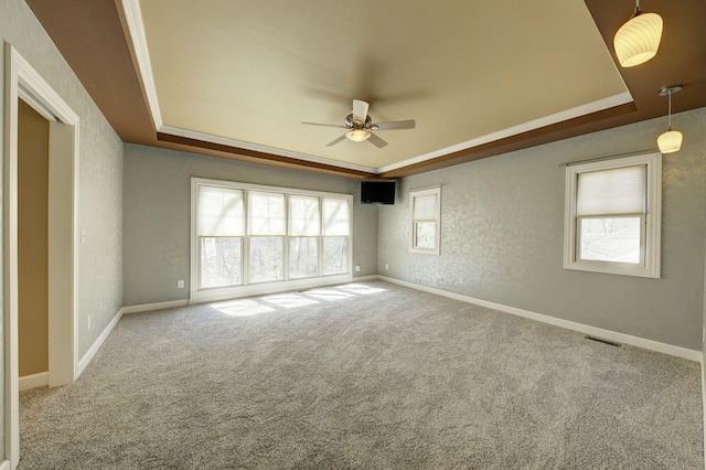 carpeted spare room with a tray ceiling, baseboards, visible vents, and a healthy amount of sunlight