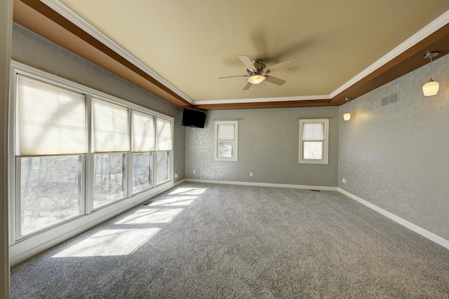 carpeted empty room featuring visible vents, a raised ceiling, baseboards, and ceiling fan