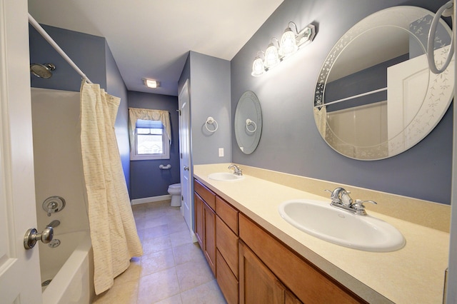 full bath featuring tile patterned floors, shower / bathtub combination with curtain, toilet, and a sink