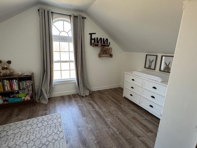 interior space with dark wood-type flooring, baseboards, and vaulted ceiling