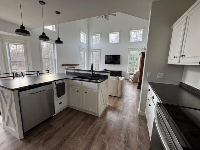 kitchen featuring dark countertops, dark wood-style floors, appliances with stainless steel finishes, and a sink