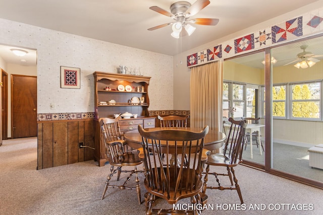 dining area with wallpapered walls, carpet, a wainscoted wall, and a ceiling fan