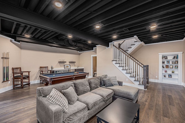 living area with pool table, stairway, wood finished floors, and baseboards