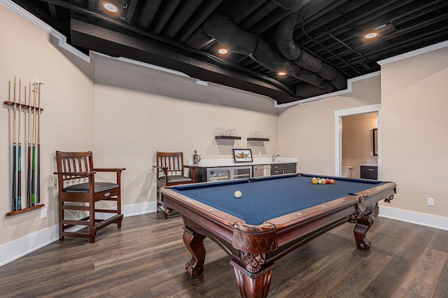 recreation room with dark wood-type flooring, baseboards, and billiards