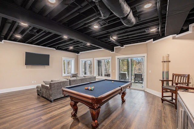 playroom with billiards, wood finished floors, and baseboards