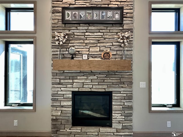 interior details with a stone fireplace