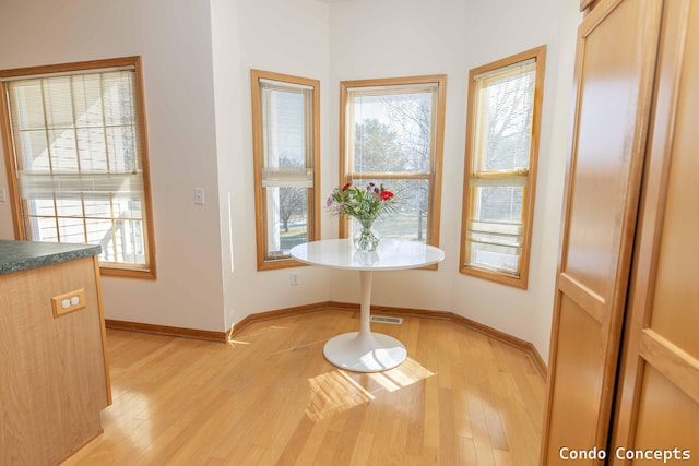 unfurnished dining area with baseboards and light wood-style floors