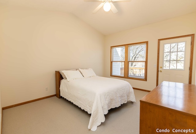 bedroom with lofted ceiling, a ceiling fan, baseboards, and light carpet