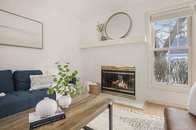 living room with baseboards, wood finished floors, and a tile fireplace