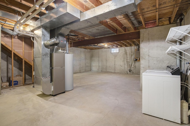 unfinished below grade area with electric panel, heating unit, water heater, and washer and clothes dryer