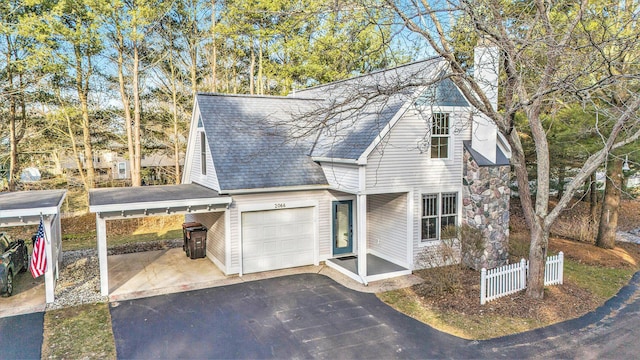 view of front facade with fence, driveway, a shingled roof, a carport, and a garage