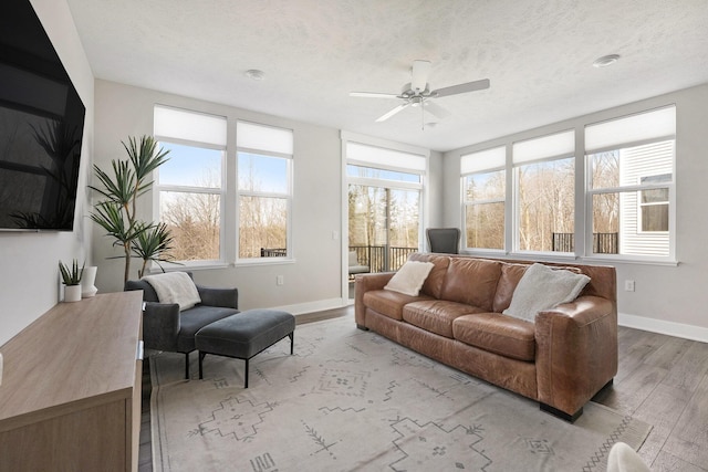 living area with light wood-style flooring, baseboards, a wealth of natural light, and a textured ceiling