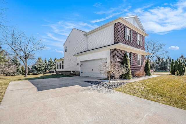 view of property exterior featuring a garage, a yard, brick siding, and driveway