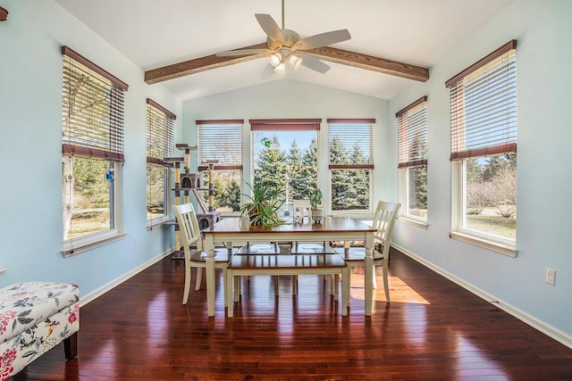 dining area with hardwood / wood-style flooring, lofted ceiling with beams, and baseboards