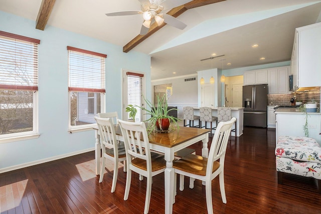 dining area with vaulted ceiling with beams, baseboards, dark wood finished floors, recessed lighting, and a ceiling fan