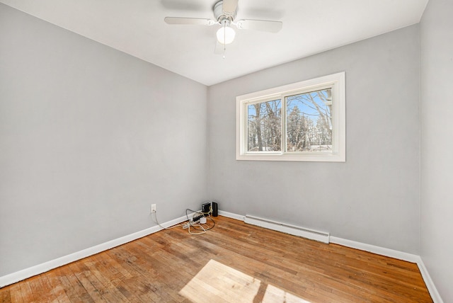 unfurnished room featuring hardwood / wood-style floors, a ceiling fan, baseboards, and a baseboard radiator