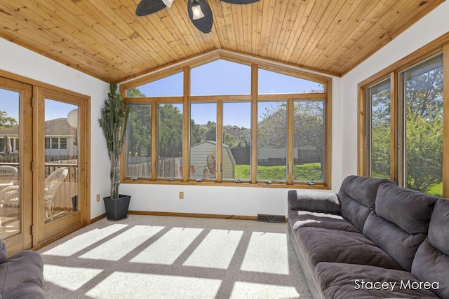 sunroom with visible vents, ceiling fan, wood ceiling, and lofted ceiling