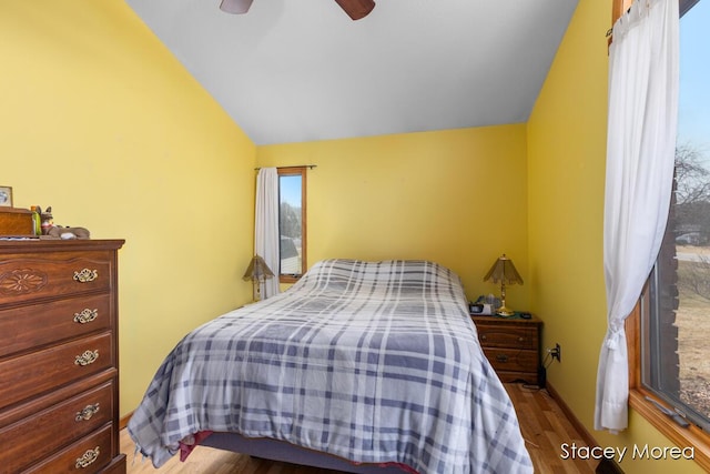 bedroom featuring multiple windows, wood finished floors, a ceiling fan, and vaulted ceiling