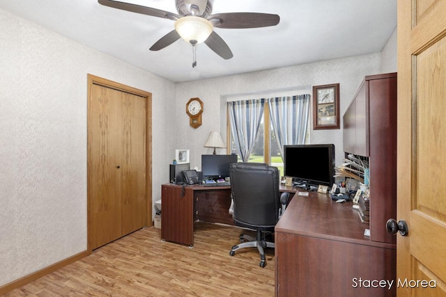 office space featuring light wood finished floors, ceiling fan, and a textured wall