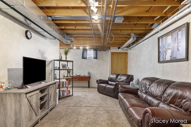 living area featuring light colored carpet