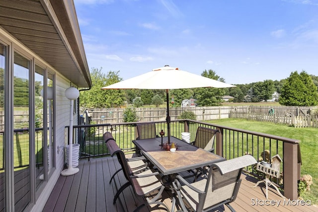 wooden terrace featuring outdoor dining space, a yard, and a fenced backyard