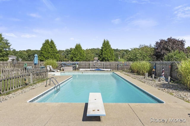 view of swimming pool featuring a patio area, a fenced in pool, a fenced backyard, and a diving board