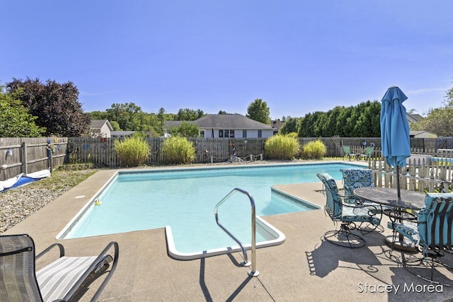 view of swimming pool featuring a fenced in pool, a fenced backyard, and a patio area