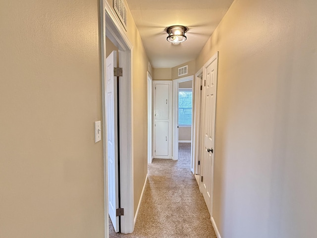 hall featuring visible vents, baseboards, and carpet